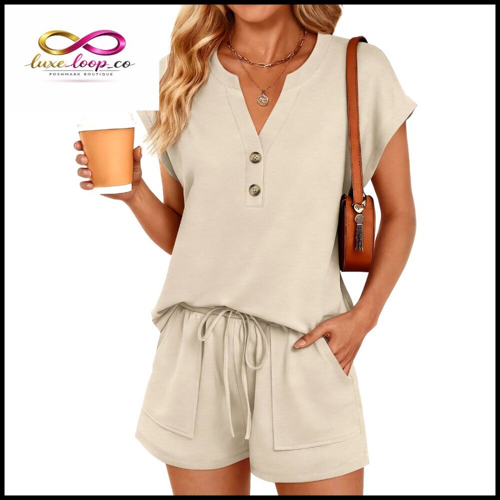 X-Small‎ Henley Cap Sleeve Top & Shorts Set, Polyester Rayon Spandex Lounge Wear